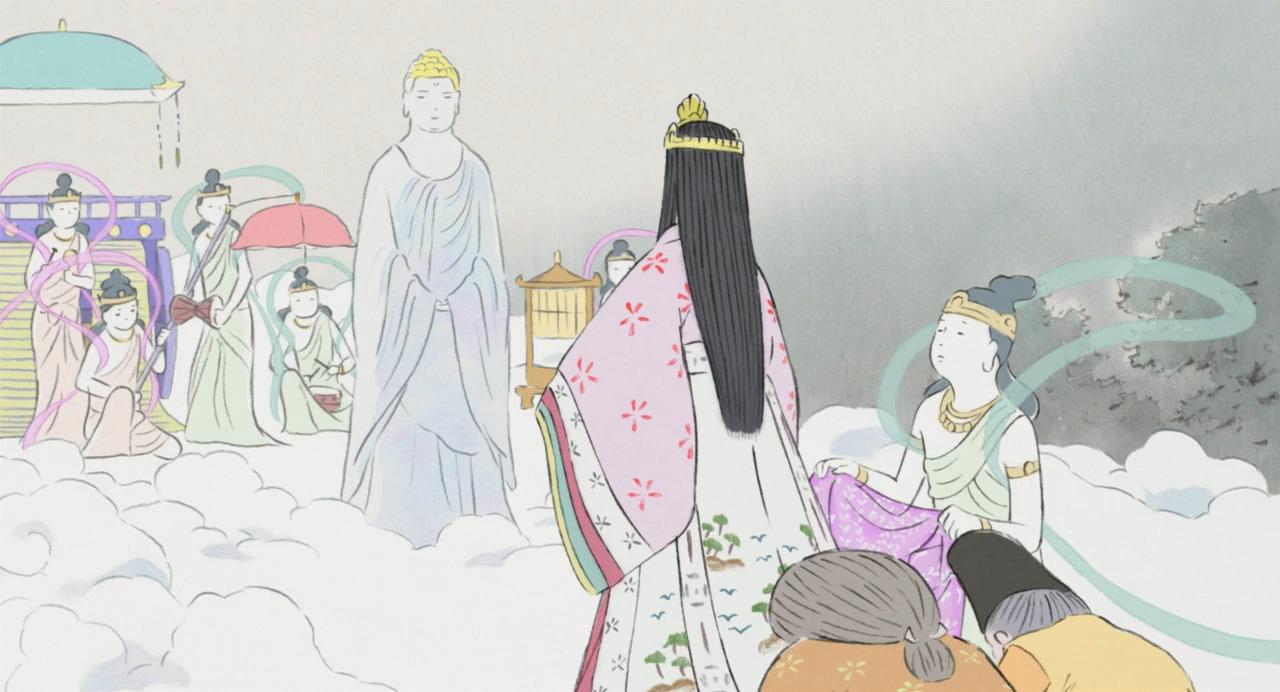 前来接小女孩回归月亮的队伍和养育小女孩的老翁和老婆婆