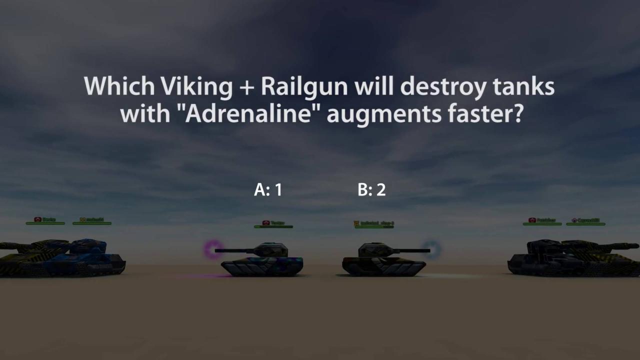 3D坦克猜猜看问题：装备“Adrenaline”参数的维京和激光炮，谁可以更快击毁坦克呢？