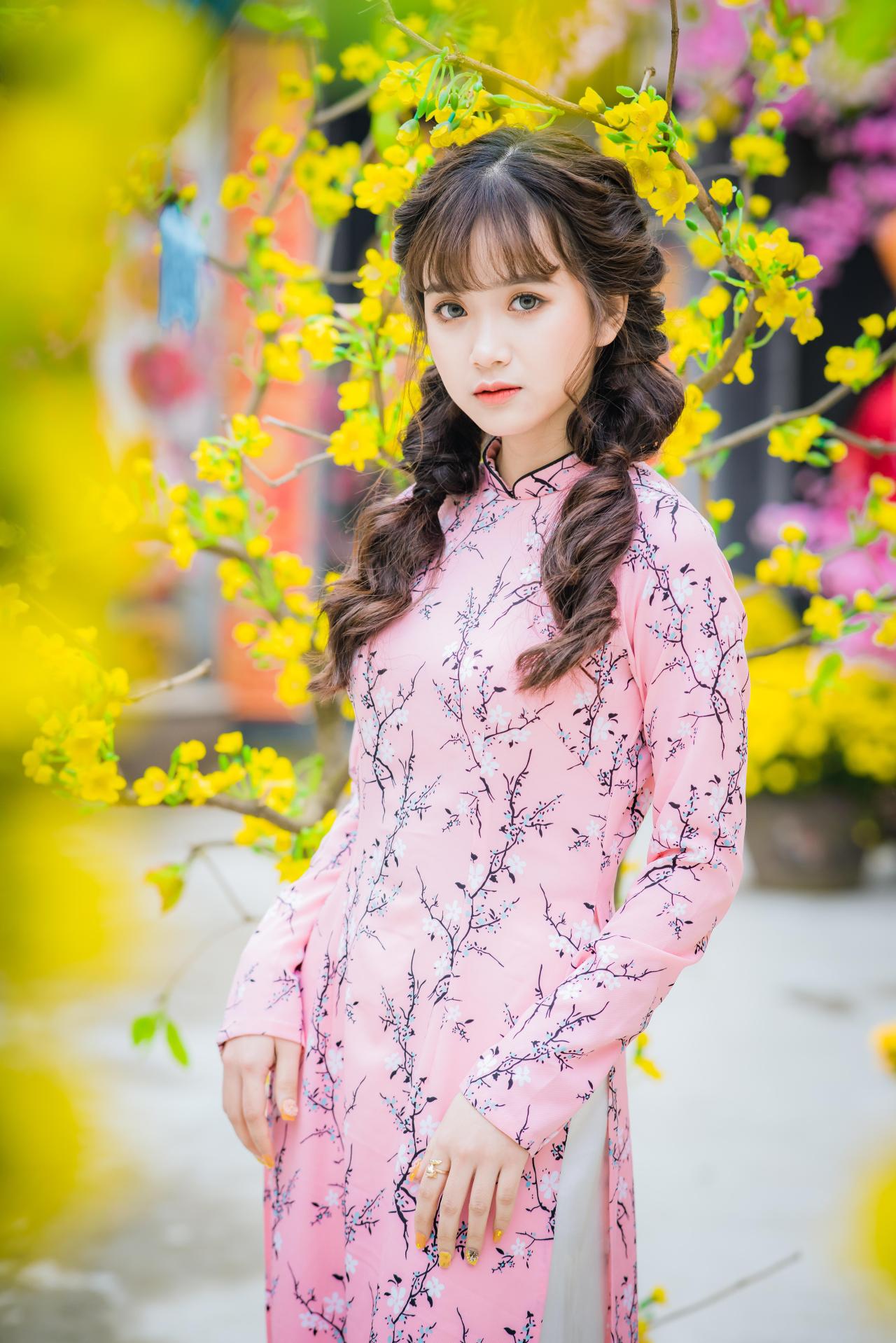 棕色双马尾卷发，齐刘海儿，穿着粉色旗袍的越南少女 站姿 全身照 4/3侧面照 竖幅 右手轻抚额头 腊梅 黄梅 树