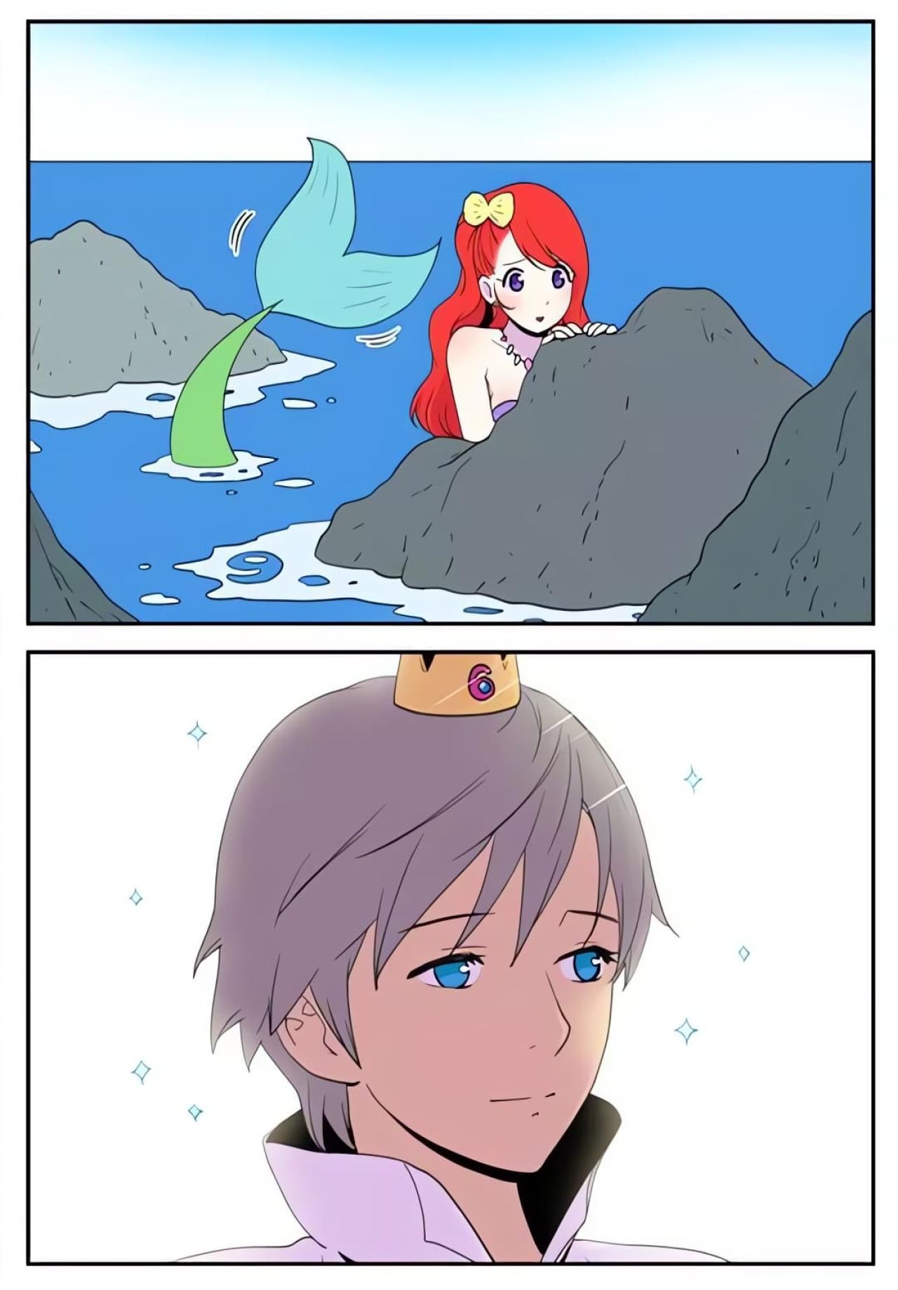 美人鱼趴在海边的岩石背后，偷看蓝眼睛的帅气王子