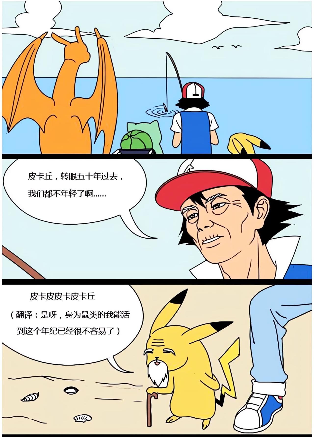 五十年过去了，小智在海边钓鲤鱼王，皮卡丘拄着拐杖，老态龙钟地说：作为鼠类，活到这个年纪已经很不容易了