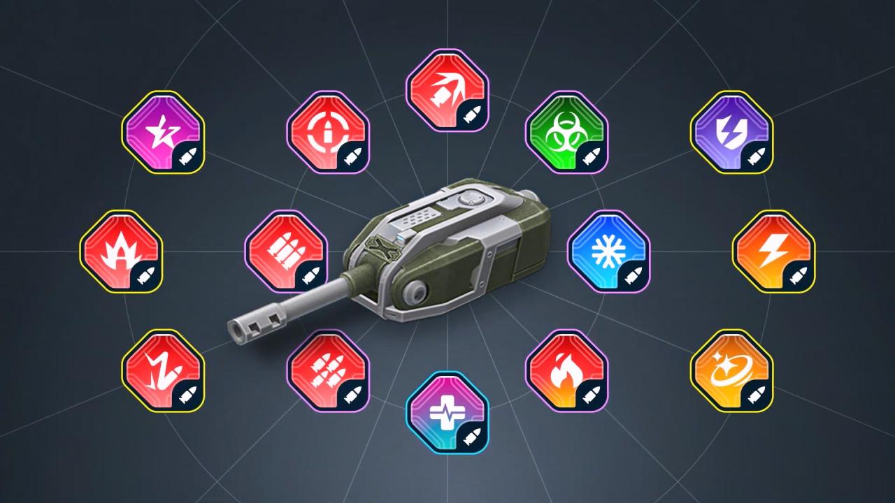 3D坦克全新标准化图标，内部颜色暗示效果或状态，外部边框表示稀有度