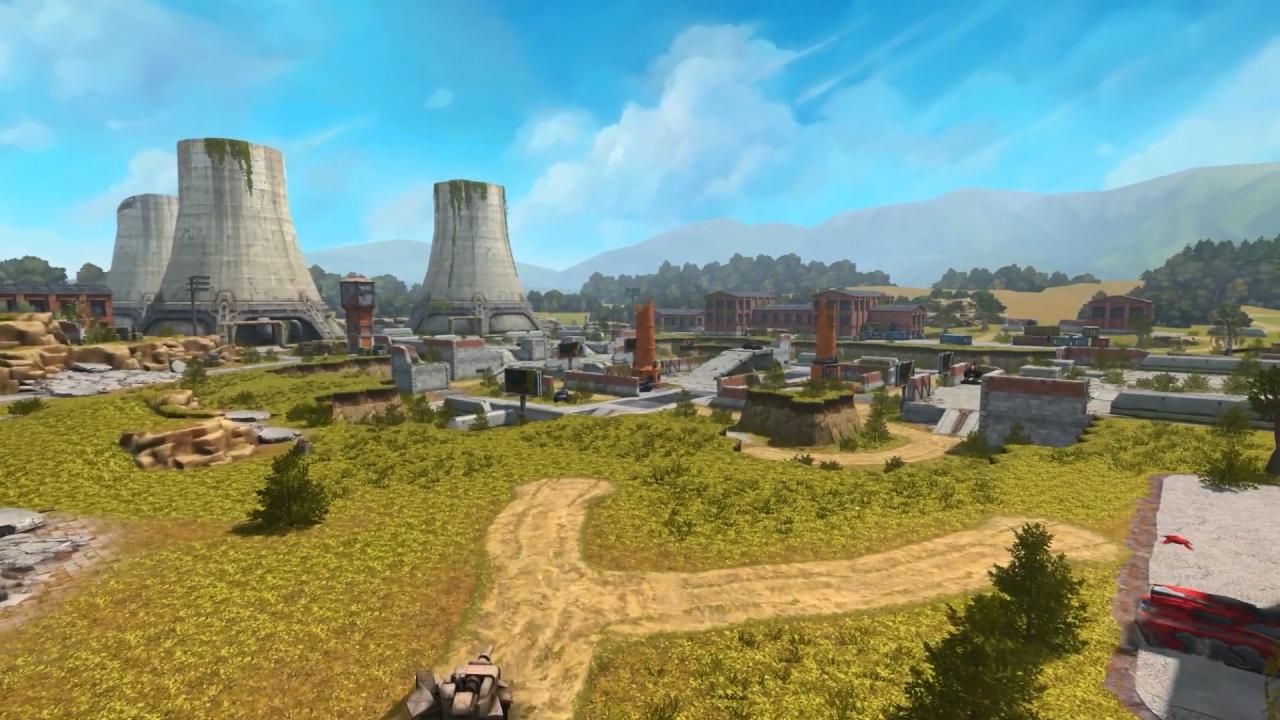 3D坦克演练场地图重制版的边缘的草地和耸立的核电站反应堆