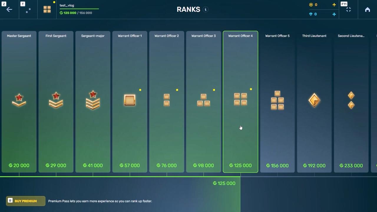 3D坦克等级进度屏幕中的从低到高的军衔升级图标